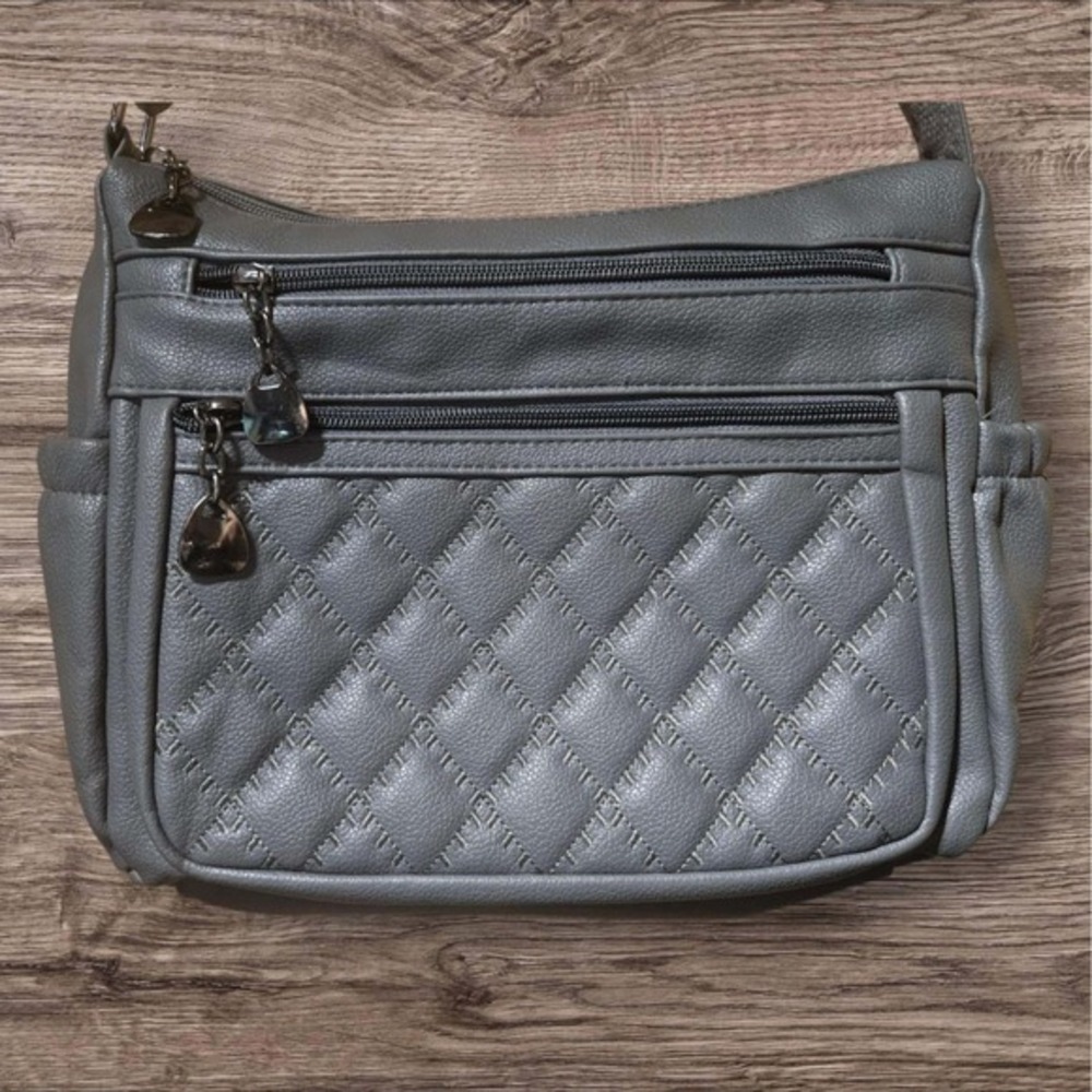 Volganik Rock Gray Quilted Crossbody Bag Purse Multiple Zipper‎ Pockets